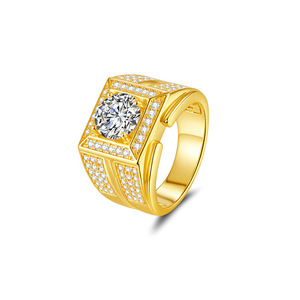 Men's Yellow <b>Gold</b> Plated Moissanite <b>Cocktail</b> <b>Ring</b> Round Brilliant Cut Geometric Design Pave Setting Luxury Style - Product Image 1