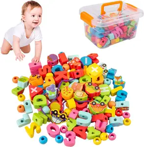 100pc Wooden Toddler Crafts Lacing String Beads Preschool Activities Montessori Toys with Storage Box for Boys Girls Gifts