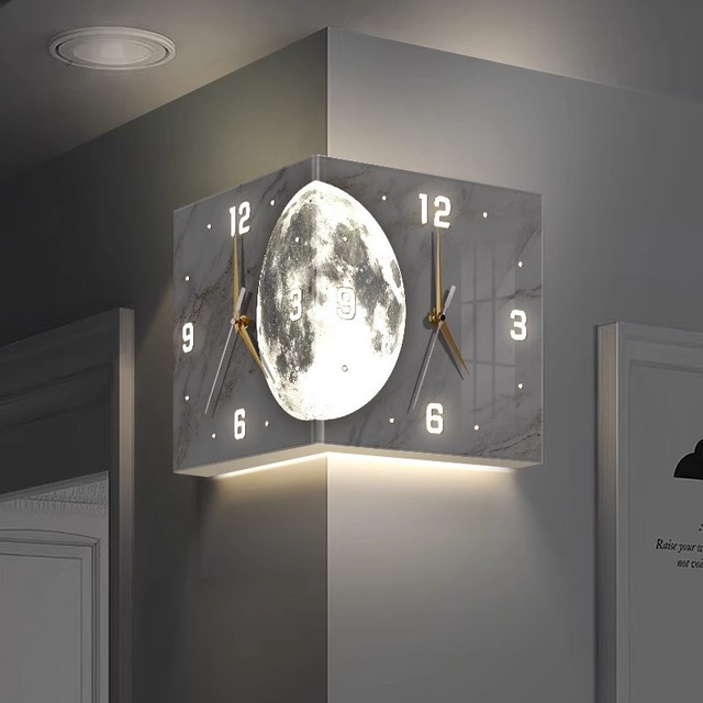 Creative Double-Sided Living Room Wall Clocks Silent Running Acrylic Moon-Light Emitting Backlit Display With Needle Drill-Free