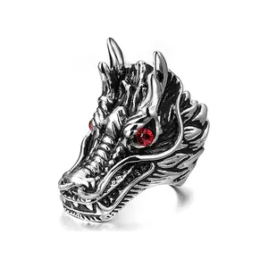 Gothic Red Crytal Eyes Dragon Head Ring Punk Biker Men Rings Hip Hop Animal Jewelry