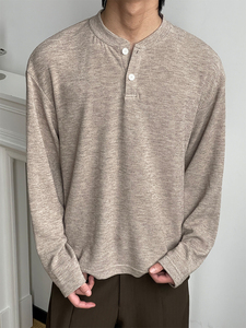 T-shirt à manches longues décontracté pour hommes, fil tricoté 100% <span class=keywords><strong>coton</strong></span>, doux, cireux, élastique, anti-boulochage, coupe ample, court, large et vieux - Product Image 3