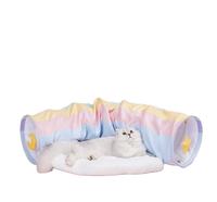 Lit-tunnel 2-en-1 pliable pour chat, avec tapis froissé arc-en-ciel amovible, pour chats, chatons, chiots, lapins et furets