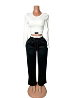 Ensemble sportif décontracté style coréen automne : haut court à col rond et manches longues, pantalon de survêtement taille haute à cordon de serrage et jambes larges