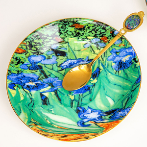 Assiette en céramique SFB113 Van Gogh Almond Blossom avec cuillère dorée, plat décoratif, vaisselle artistique - Product Image 3