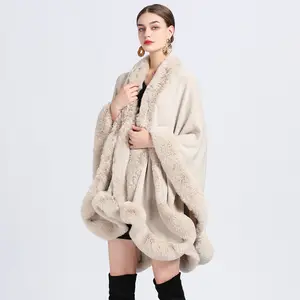 Hot Fashion Plain Winter Warm Faux Fur Collar Poncho Stoles Knitted Oversized Poncho Cape Shawl for Women