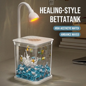 Pecera de Escritorio JSD para Peces Betta con Visión de 360 Grados °   <span class=keywords><strong>Acuario</strong></span> Pequeño de Sobremesa con Luz <span class=keywords><strong>LED</strong></span> Cálida Flexible, Tapa Antisalto Transparente AS Mini - Product Image 2