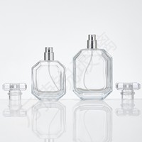Flacons de parfum en verre transparent de luxe en forme d'hexagone avec pulvérisateur à pompe, impression sérigraphiée et couvercle en acrylique