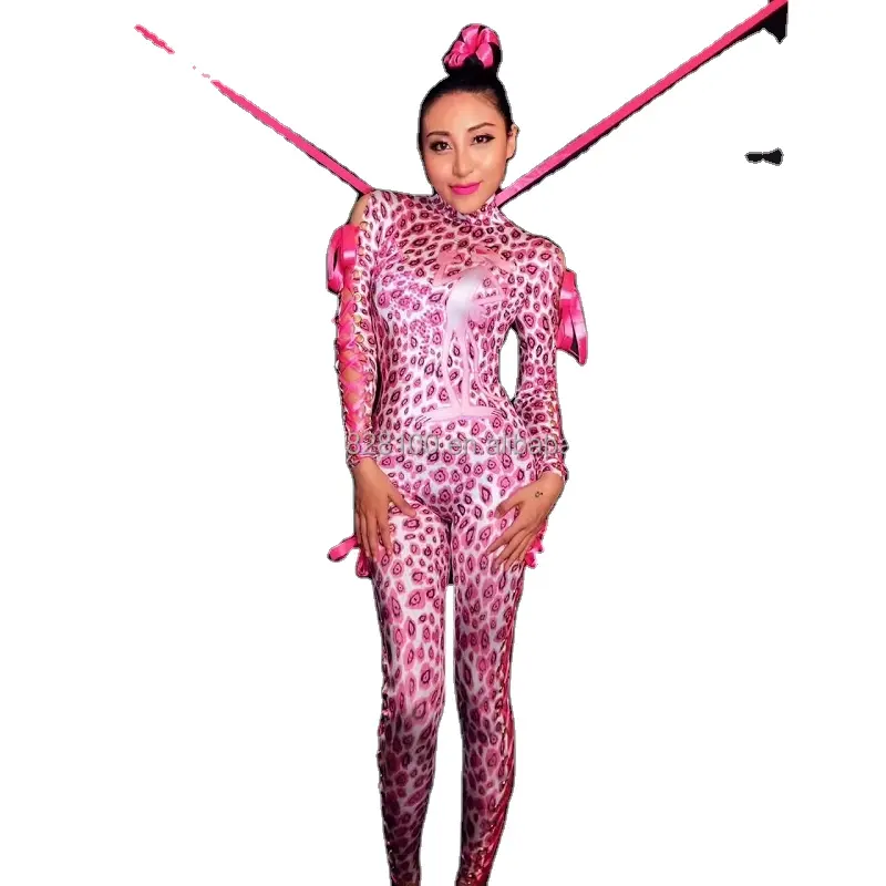Naughty pink leopard jumpsuit animal party show costume nightclub actor