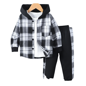 Conjunto deportivo de dos piezas para hombre y niño, otoño-invierno, informal, 100% algodón, manga larga, a cuadros, con logo en contraste en la parte delantera y capucha. - Product Image 1