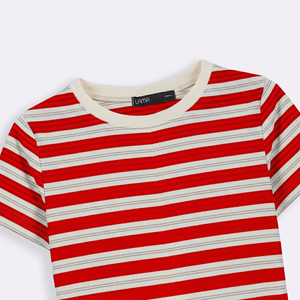 T-shirt en tricot à manches courtes et col rond rayé rouge et crème pour femme MERITORIOUS INTERNATIONAL, style décontracté, toutes saisons - Product Image 6