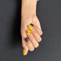 Faux ongles à presser faits main et peints à la main, motif chat, poisson, étoile, pois jaunes et noirs, réutilisables, application facile, à coller