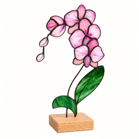 Vitrail Art Déco au design unique Orchidée rose Affichage floral élégant sur socle en bois pour la décoration intérieure ou les cadeaux