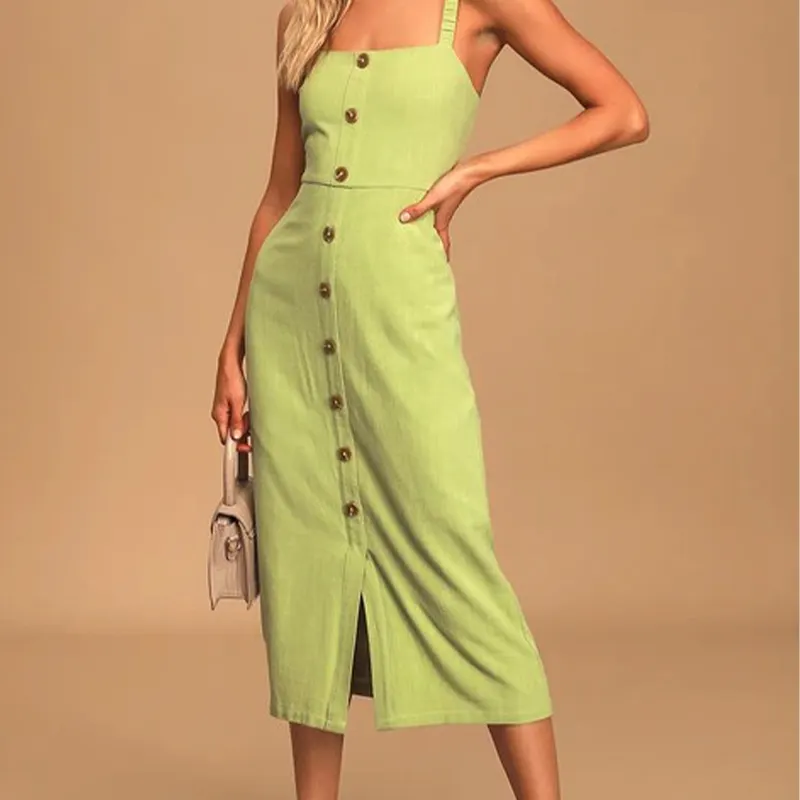 OEM Summer Linen Elegant slit Halter Long Dress Boho Casual Cotton button Linen Dress