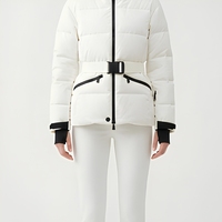 Veste d'hiver rembourrée en duvet pour femme, blanche, à capuche, avec ceinture, fermeture éclair noire