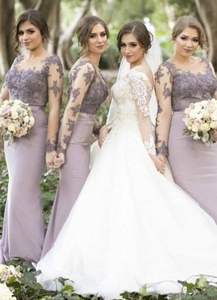 Robes de <span class=keywords><strong>Demoiselle</strong></span> <span class=keywords><strong>d</strong></span>'<span class=keywords><strong>Honneur</strong></span> Satinées <span class=keywords><strong>Lilas</strong></span> à Appliques à Manches Longues, Grandes Tailles Tendance - Product Image 2