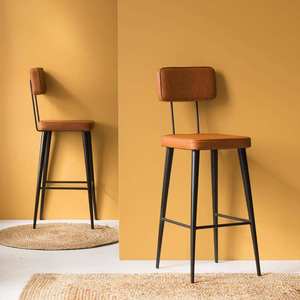 Tabouret de bar en cuir marron de style industriel de luxe avec structure en métal noir et siège rembourré confortable, chaise de comptoir moderne - Product Image 5