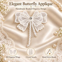Applique papillon 3D perlée, patch en organza fait main avec cristaux et pompons pour accessoires capillaires, chapeaux, chaussures, mariages et projets DIY