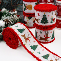 Ruban de Noël E-magic, ruban de Noël en toile de jute, ruban filé, bord effiloché rouge, motif arbre, bonhomme de neige, renne pour emballage cadeau