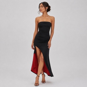 Robe longue color block sans manches moulante col montant avec fente latérale pour soirée et cérémonie - Product Image 2