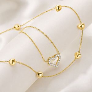 New Fashion Alloy Heart Pendant <b>Necklace</b> <b>Double</b> Layered Rhinestone Diamond Zircon Claw Setting US Anniversary Jewelry - Product Image 5