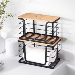 Bathroom <b>Storage</b> <b>Basket</b> With Wooden Top 2 Tier Metal Rack Multi Functional Towel Organizer For Kitchen And Bathroom - Product Image 1