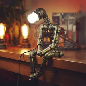 LED Modern Unique Retro Steampunk Lamps Water Pipe Metal Wood Night Light Table Lamp For Indoor Bedroom Living Room Desk Lamp