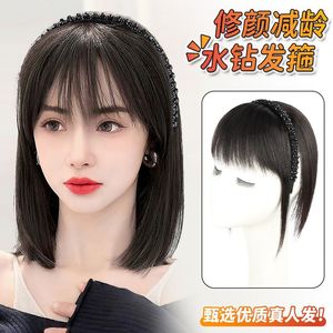 Diadema con flequillo de diamante negro, extensiones de cabello humano real liso, cubre el cabello gris, reemplazo capilar superior, flequillo de aspecto natural - Product Image 2