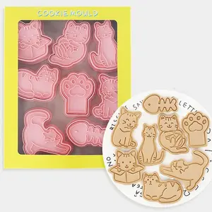 8Pcs Cat Cookie Mold Plastic 3D Cartoon Kittens Biscuit Cutting Mold Cookie Stamp Cat's Claw Fish Bone 3D Stereoscopic Press