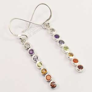 Nouveauté Boucles d'oreilles pendantes multi-pierres Chakra de guérison Argent sterling 925 Pierres précieuses multicolores naturelles Fête - Product Image 1