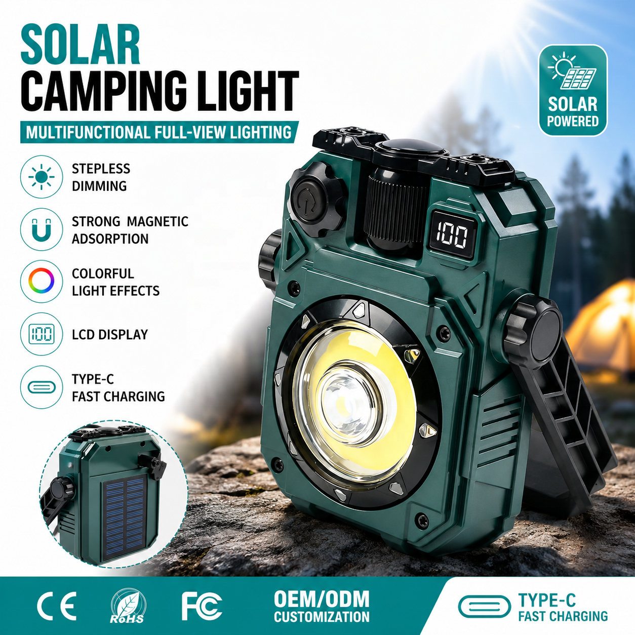 2026 New Type-C Rechargeable COB Magnetic Solar Powered Multi Light Source LED Camping Light Work Lantern Emergency Hiking IP44