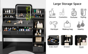 Bureau de maquillage moderne noir avec miroir LED et 5 étagères, 7 zones de rangement ouvertes et 3 tiroirs, éclairage réglable 3 couleurs - Product Image 6