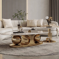 Moderner Design-Couchtisch mit Ovaler Weißer Steinplatte, Wohnzimmermöbel, Großer Goldmarmor Luxus-Zentraltisch