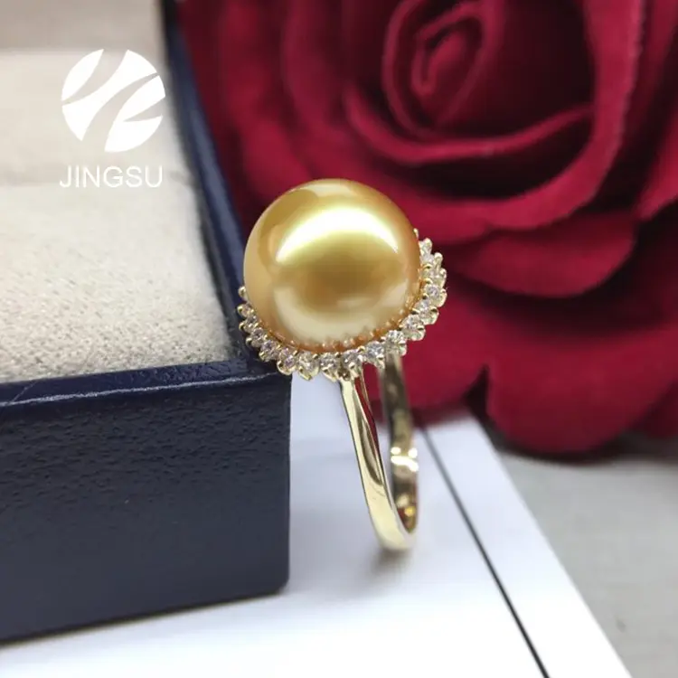 Anillo de oro de 18 quilates con perlas de Mar del Sur, color dorado, natural, última calidad