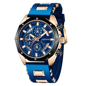 Reloj deportivo para hombre, cronógrafo de cuarzo, correa de silicona azul, esfera analógica, caja poligonal - Product Image 1