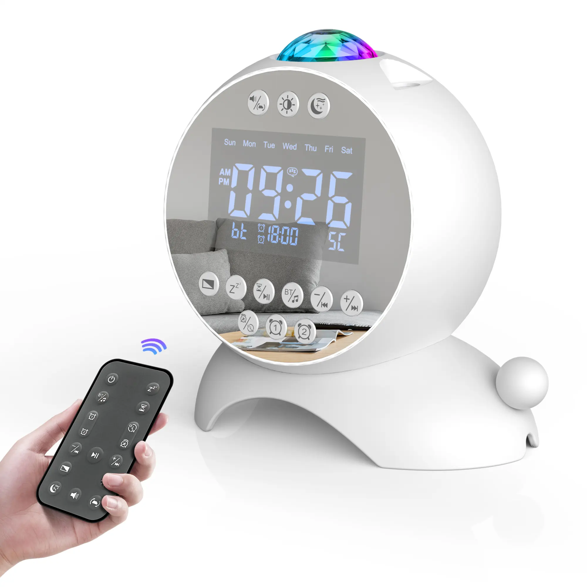 FANSBE 4 In 1 Multifunktions-Stern projektor mit weißem Rauschen Smart Bluetooth Moon Night Time Smart Wireless Clock Speaker