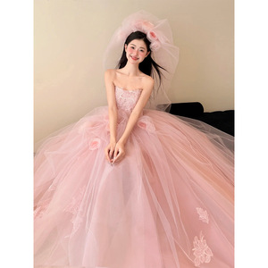 Pink Strapless Tulle Ball Gown Wedding Dress Empire Waistline Long Train Princess Style Fairy Light Dress - Product Image 2