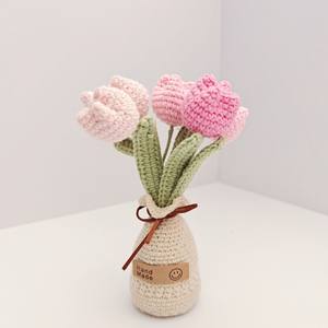 Laine crochetée à la main tissée Rose fleur Simulation bureau bonsaï transfrontalier fini ornements tulipe marguerite <span class=keywords><strong>Pot</strong></span> saint valentin - Product Image 4