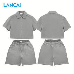 Lancai Manufacturer Custom Short Sleeve Zip Cotton Shirt <b>Men</b> Blank Cotton <b>Jacket</b> Elastic Waist Acid Wash Shorts 2 <b>Summer</b> Hip Hop - Product Image 4