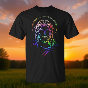 Camiseta Tie Dye con diseño de rostro abstracto de Jesús y líneas de arcoíris, camiseta negra para hombre - Product Image 3