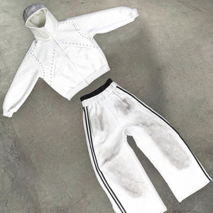 制造定制标志空白超大Aicd水洗<span class=keywords><strong>2</strong></span>件拉链棉连帽衫宽腿喇叭宽松运动裤套装男女通用 - Product Image 1