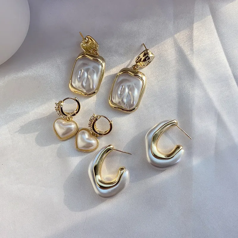 Роскошные дизайнерские серьги-кольца с жемчугом и сердцем, позолоченные серьги-гвоздики в форме жемчуга, Четырехсторонние серьги-гвоздики для женщин
