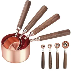 Outils de cuisine Ensemble de 8 tasses et cuillères à mesurer en acier inoxydable et or rose avec manche en bois de noyer