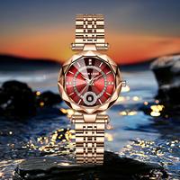 Montre pour femme de luxe avec logo personnalisé, or rose, diamants, étanche 30M, aiguilles lumineuses, acier inoxydable, quartz