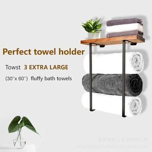 Wooden Wall Mounted Metal Towel Rack 3 <b>Bars</b> Organizer <b>Shelf</b> For Bathroom Towels Storage - Product Image 4