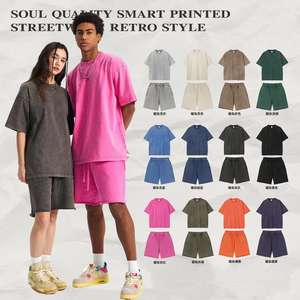 Set 2 Pezzi Personalizzato 100% Cotone T-shirt Oversize <span class=keywords><strong>e</strong></span> <span class=keywords><strong>Pantaloncini</strong></span> Lavaggio Acido Alta Qualità Vintage STREETWEAR <span class=keywords><strong>Completo</strong></span> <span class=keywords><strong>Uomo</strong></span> - Product Image 1