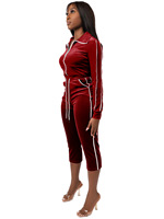 Ensemble BR7083 tendance pour femme en velours avec revers, fermeture éclair latérale, contraste de couleurs, rayures blanches, manches longues et cordon de serrage