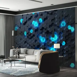 几何六边形霓虹灯立方体黑色和蓝色壁纸高科技游戏室装饰剥离和粘墙画