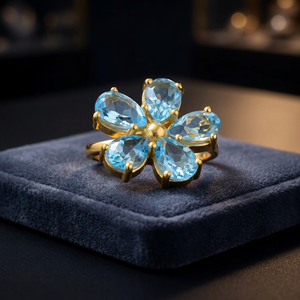 Bague Cocktail Tendance Certifiée Motif Floral en Aigue-marine Naturelle Coupe Poire Plaqué Or 18K Bijoux Glamour pour Femme Pierre de Naissance de Mars - Product Image 2