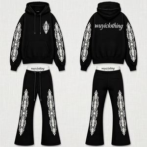Cotton Heavyweight Cotton Black Tracksuit Men Unisex Custom LogoBaroque Graphic Print Hoodie Flare Leg Sweatpants Set Streetwear - Product Image 3