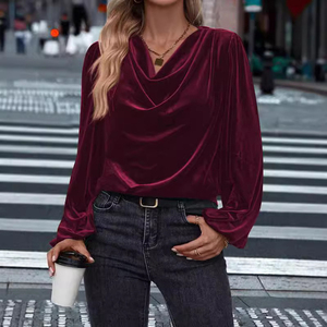 Kênh 2024 mùa thu mùa đông của phụ nữ cowl cổ treo lên Ruched phía trước đèn lồng dài tay áo nhung Áo Tops cho các ngày lễ giáng sinh - Product Image 4